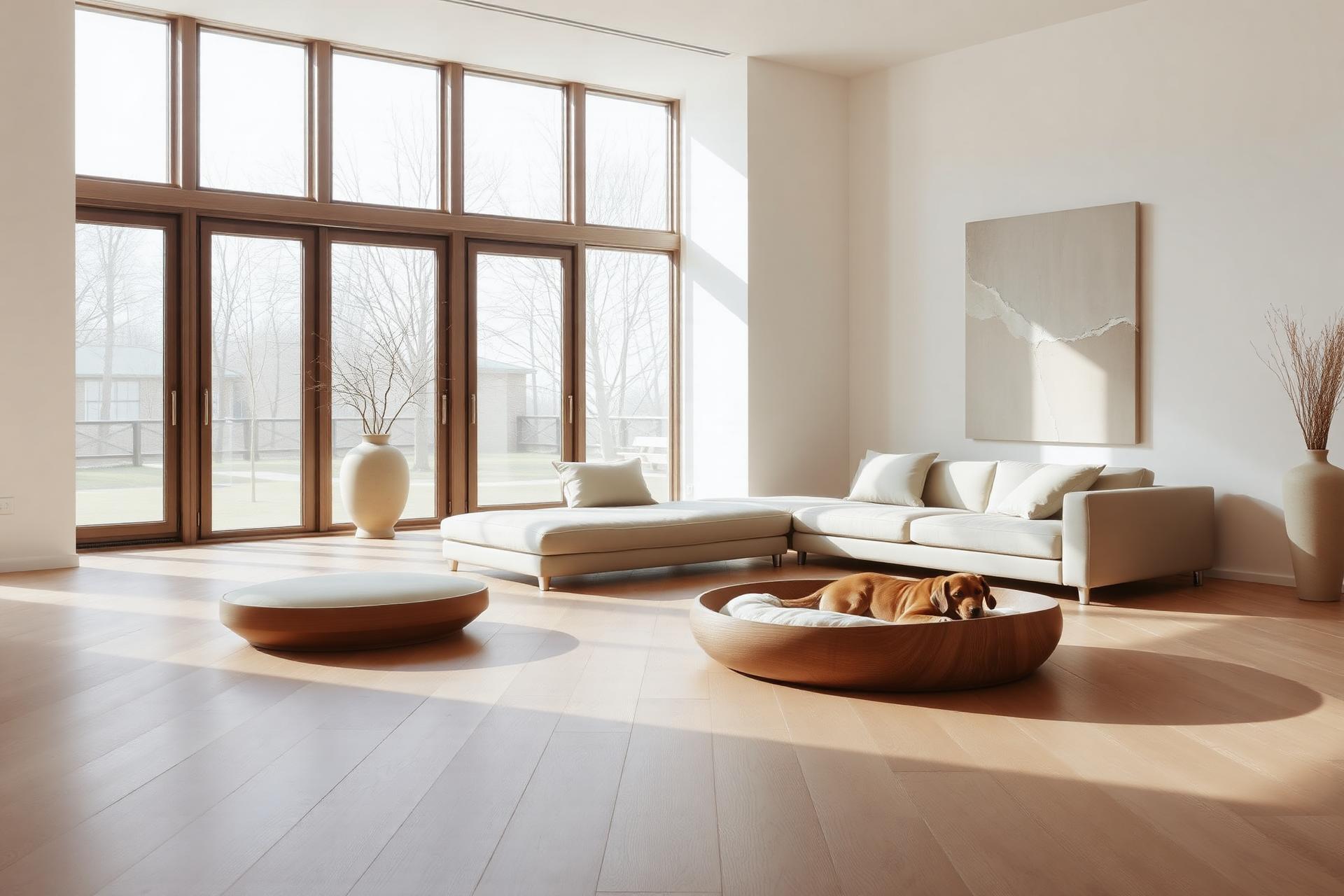 A sculptural oak pet bed in a sunlit Scandinavian interior